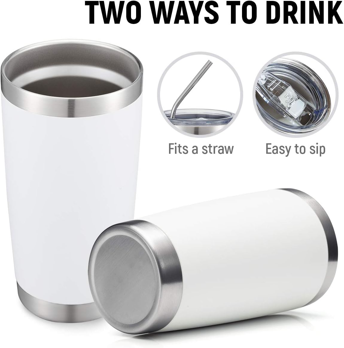 COMOOO 20oz White Tumbler Double Wall Vacuum Insulated Travel Mug Stainless Steel Coffee Mug with Lid and Straw Durable Powder Coated Insulated Coffee Cup for Cold & Hot Drinks (White,12 pack