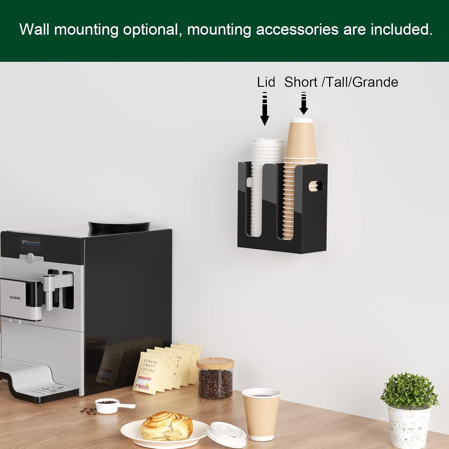 Disposable Coffee Cup Dispenser with Handles, Countertop or Wall Mount Hot/Cold Drink Cup and Lid Holder - Bathroom/Kitchen/Office Acrylic Cup Lid Storage Organizer (2 Compartments, Black)