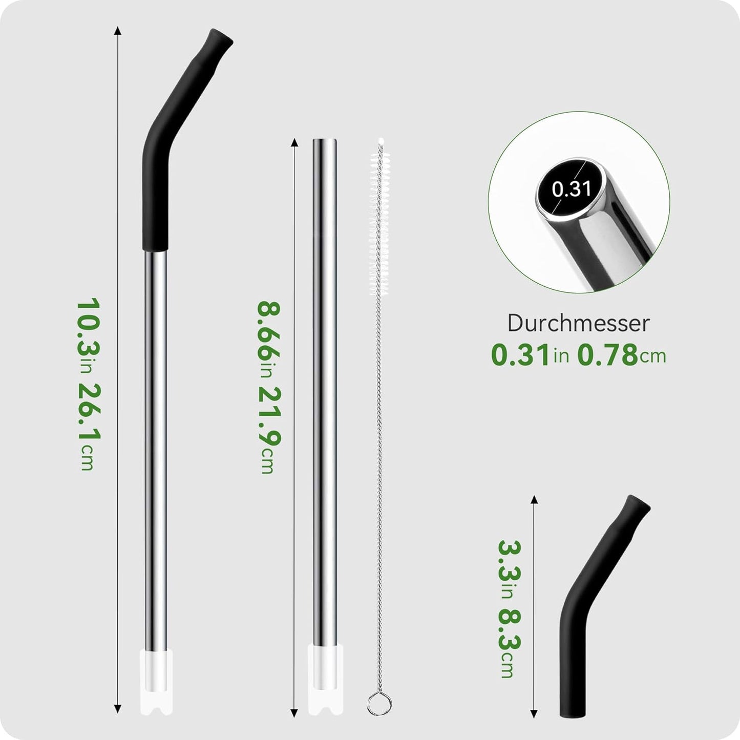 Snowfall 2 Pcs Replacement Metal Straws for Stanley 14 OZ, 20 OZ Tumbler, Stainless Steel Straws with Silicone Tip for 20 OZ Tumbler, Straw Brush (Black)