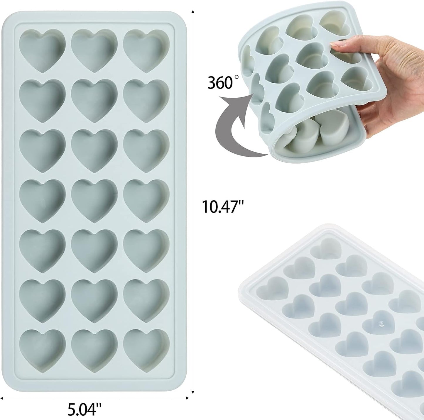 Heart Shaped Ice Cube Trays with Lid, Chocolate Mold, Easy Release Ice Trays, 21-Cavity Silicone Heart Molds for Ice Cubes, Gelatine, Baking and Candy