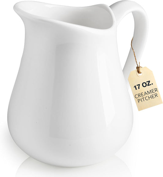 LYEOBOH 17 OZ Creamer Pitcher - Ceramics Creamer with Handle, Coffee Milk Pourer for Home Kitchen Microwave Dishwasher Freezer Safe, White