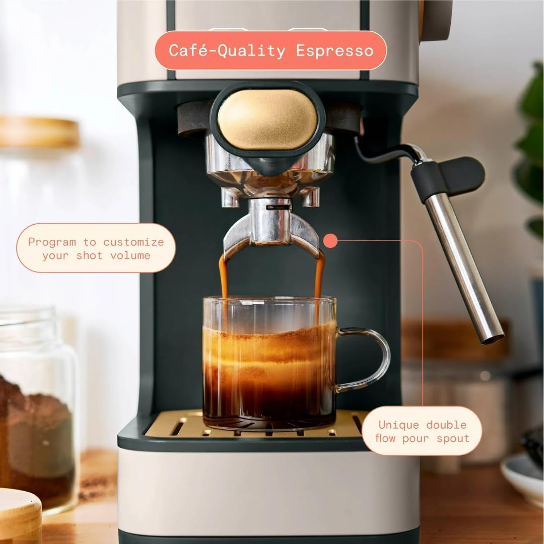 Beautiful Slim Espresso Maker by Drew Barrymore – 20‑Bar Pressure, Dual‑Spout 52 mm Portafilter, 50 oz Removable Tank, 2‑in‑1 Steam Wand & Touch Controls (Porcini Taupe)