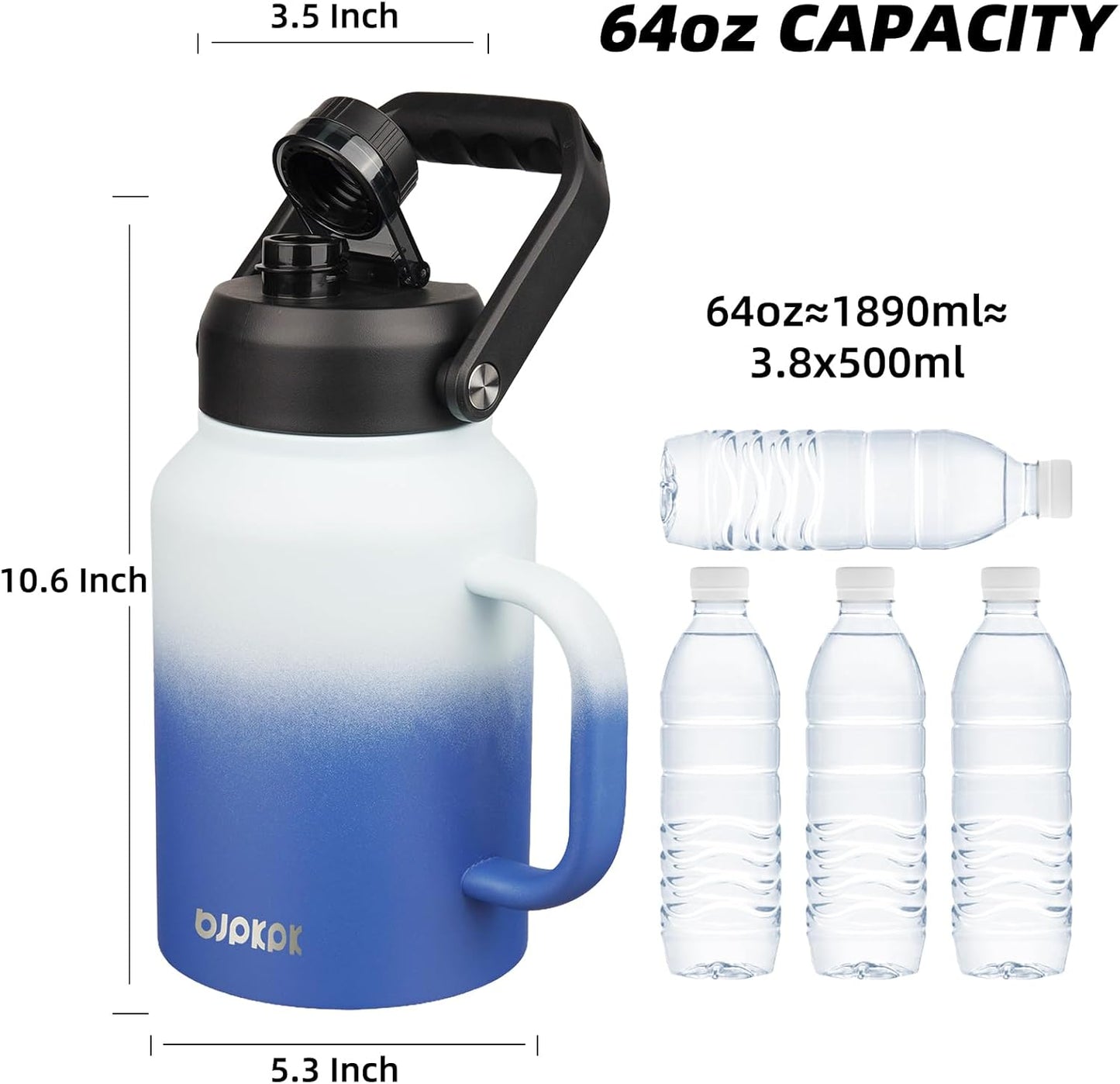 BJPKPK 64oz Insulated Water Bottle with Handle, Large Dishwasher Safe Half Gallon Water Bottle, BPA Free Water Jug, Wide Mouth Metal Water Bottle with Anti-slip Bottom, Keep Cold & Hot, Sky