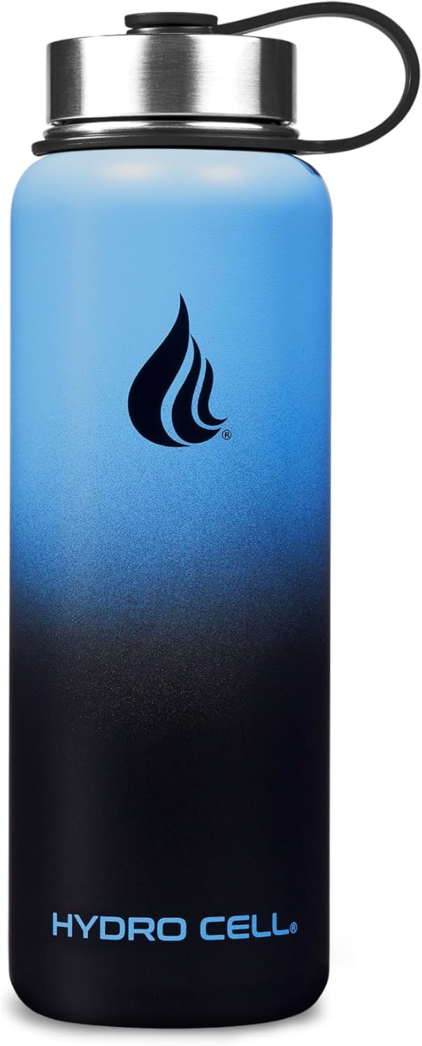 HYDRO CELL Stainless Steel Insulated Water Bottle with Straw - For Cold & Hot Drinks - Metal Vacuum Flask with Screw Cap and Modern Leakproof Sport Thermos for Adults (Blue/Black 40oz)
