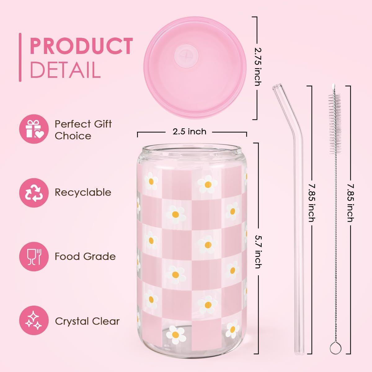 SANDJEST Checkerboard Daisies Glass Can, Floral Checker Cup with Lid & Straw, Iced Coffee Aesthetic Cups, Gift for Christmas Birthday Mother Day, Gifts for Women, 16oz