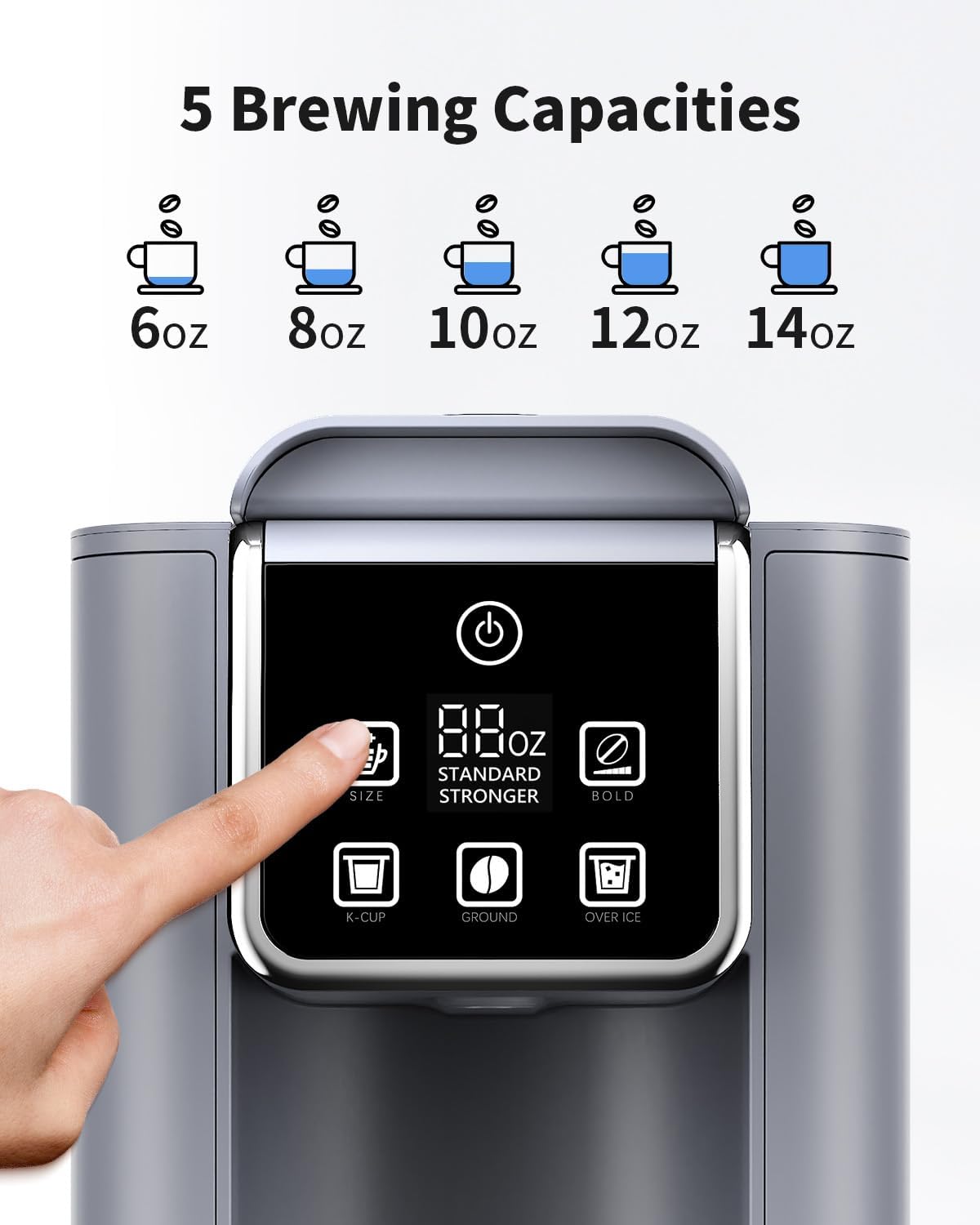 Hot & Iced Coffee Maker with Bold Setting, Single Serve Coffee Maker for K Cup and Grounds, 6-14 Oz Brew Sizes, 50 Oz Removable Water Tank, One Cup Coffee Machine with Reusable Filter, Grey
