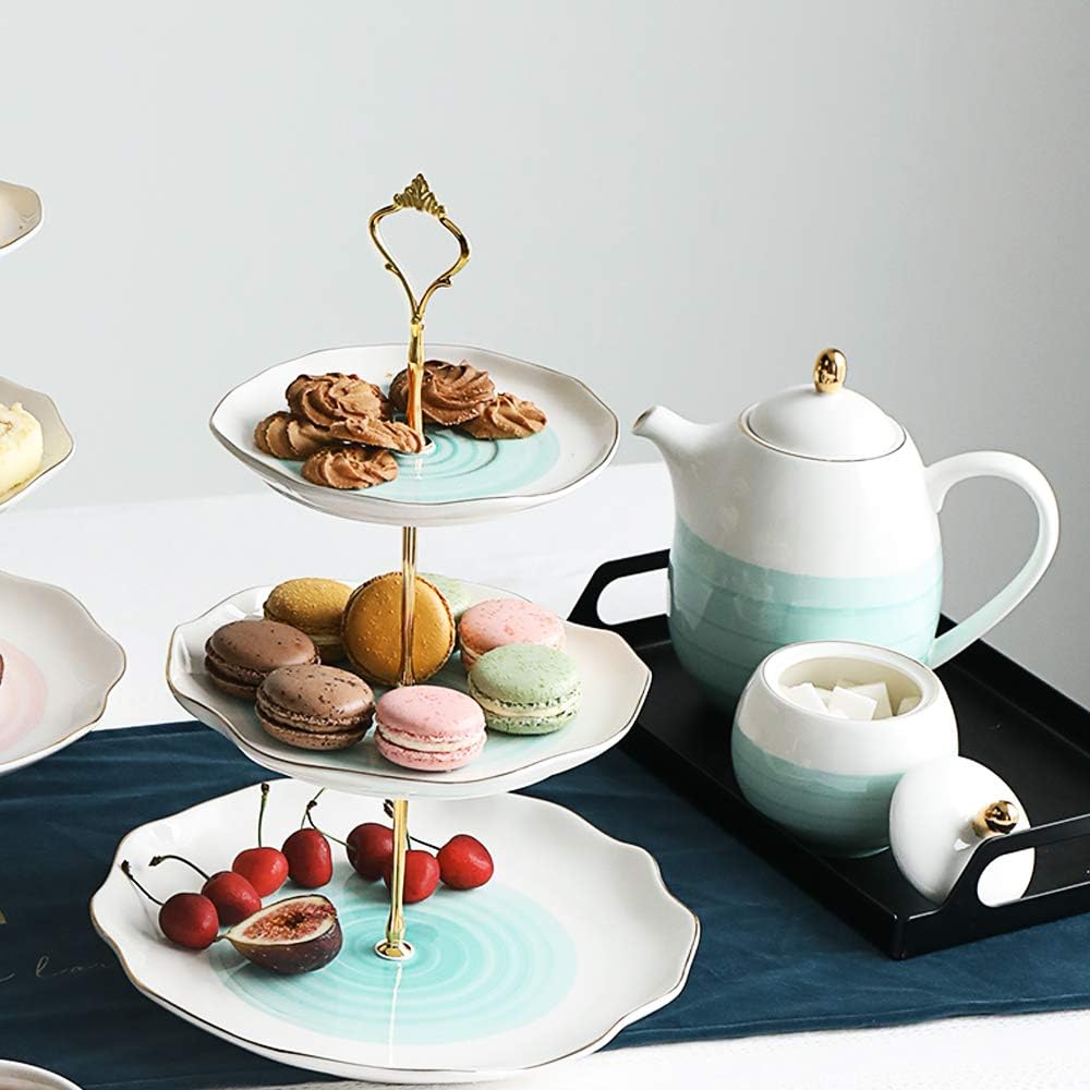 Sweejar 3 Tier Ceramic Cake Stand,Dessert Stand,Cupcake Stand,Tea Party Pastry Serving Platter,Food Display Stand for Tea/Coffee/Birthday/Wedding/Women/Afternoon/Gift - Blue