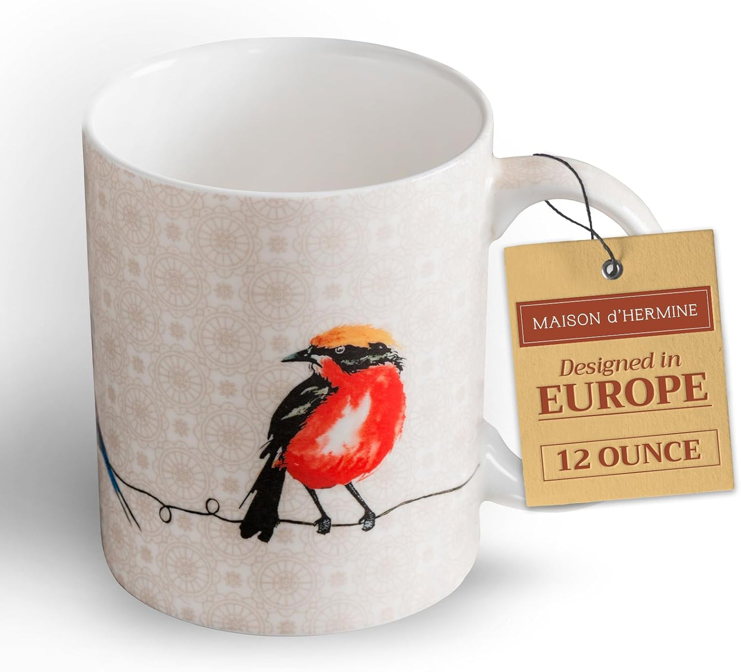 Maison d' Hermine Coffee Mug with Handles Fine Bone China Mugs Pack of One Tea Cups for Hot Beverages Cappuccino Latte Home Restaurant Office Perfect for Gift (Birdies On Wire - Nuthatch, 12 Ounce)
