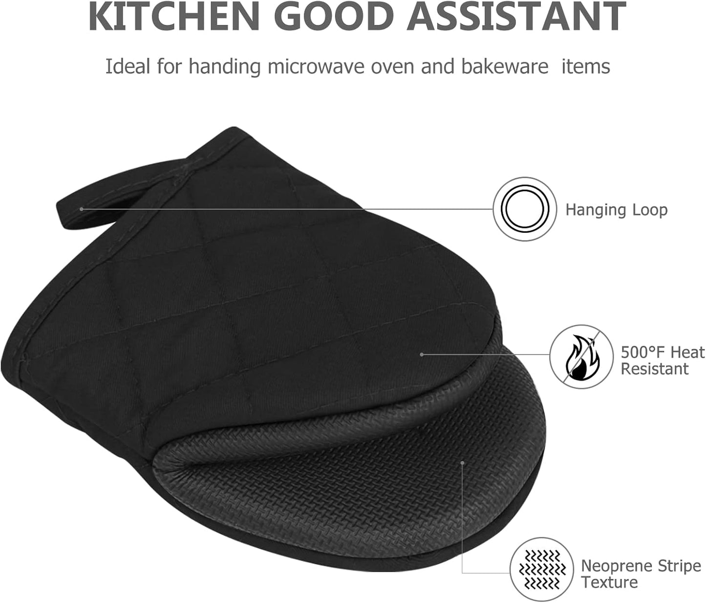 Qulable 1 Pair Short Oven Mitts - Silicone Kitchen Oven Gloves High Heat Resistant 500℉, Mini Oven Mits with Non-Slip Grip Surfaces and Hanging Loop for BBQ, Baking, Cooking and Grilling (Black)