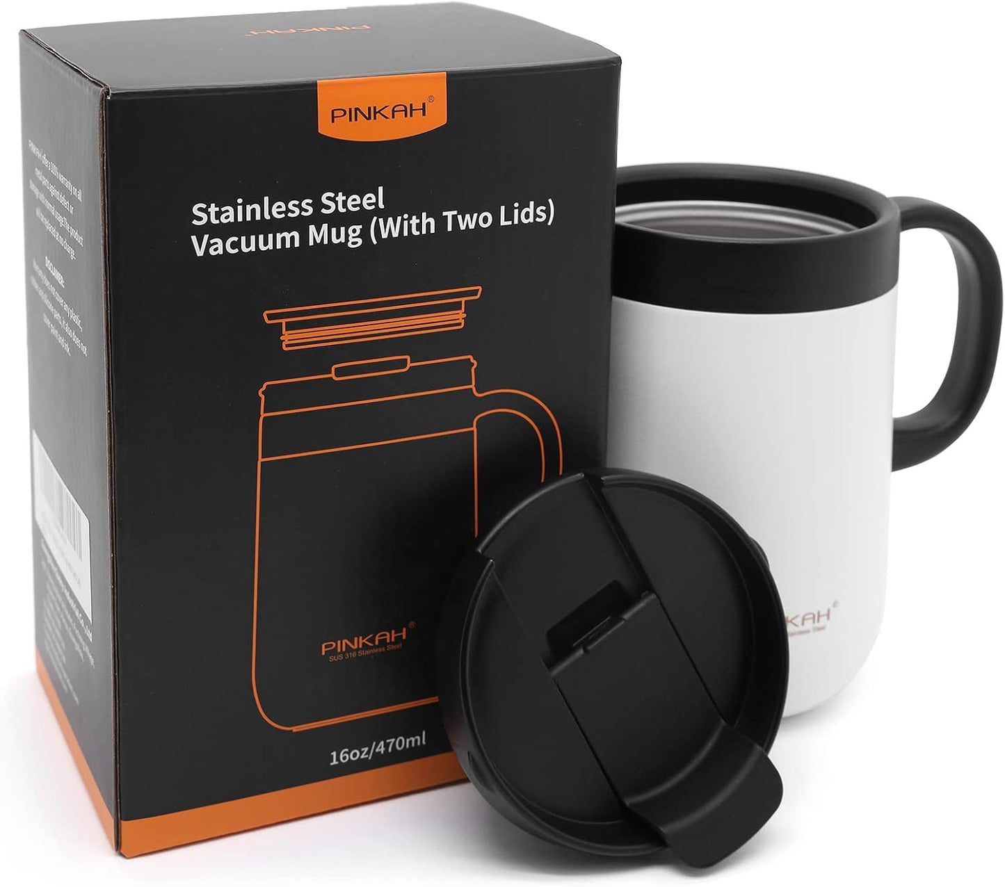 16oz Coffee Mug Cup with Handle, Insulated Stainless Steel Coffee Cup with Lid, Hot and Cold Beverages, Double Walled Vacuum Coffee Thermal Mug for Women and Men, White