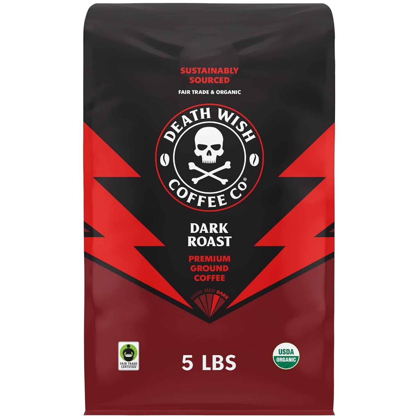 Death Wish Coffee Dark Roast Grounds - Bold Intense Blend of Arabica & Robusta Beans - USDA Organic Ground Coffee - 80 oz.