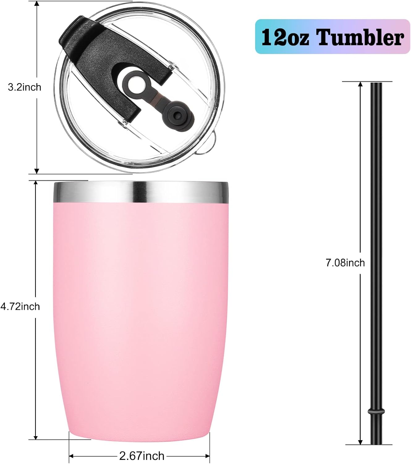 VEGOND Stainless Steel 12 oz Tumblers bulk Vacuum Insulated Double Wall Travel Tumbler with Lid and Straw Reusable Tumbler, Pink 6 pack