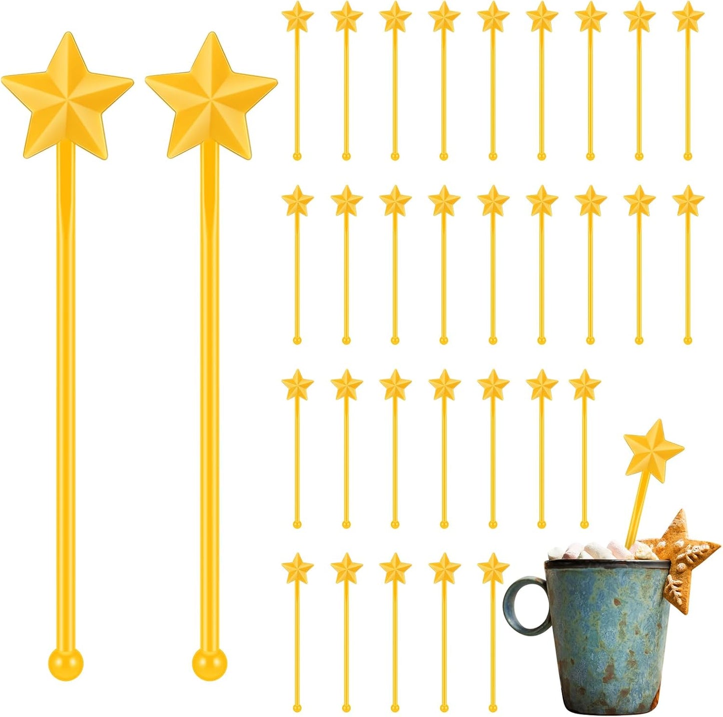 30 Pcs Christmas Drink Stirrers Xmas Stir Stick Holiday Coffee Swizzle Stick Reusable Plastic Hot Cocoa Bar Chocolate Decoration Cocktail Mixer(Christmas Star,Yellow)