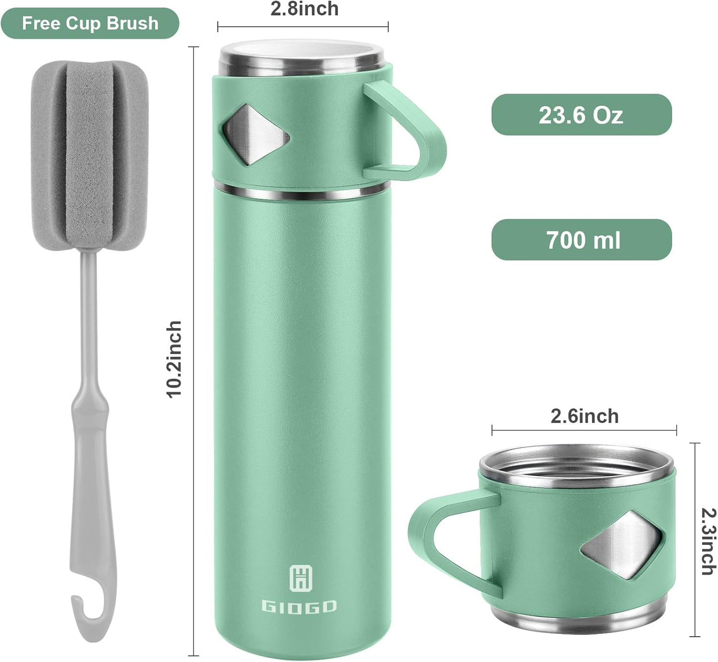 Stainless Steel Thermo 700ml/23.7oz Vacuum Insulated Bottle with Cup for Coffee Hot drink and Cold drink water flask.(Green,Single)