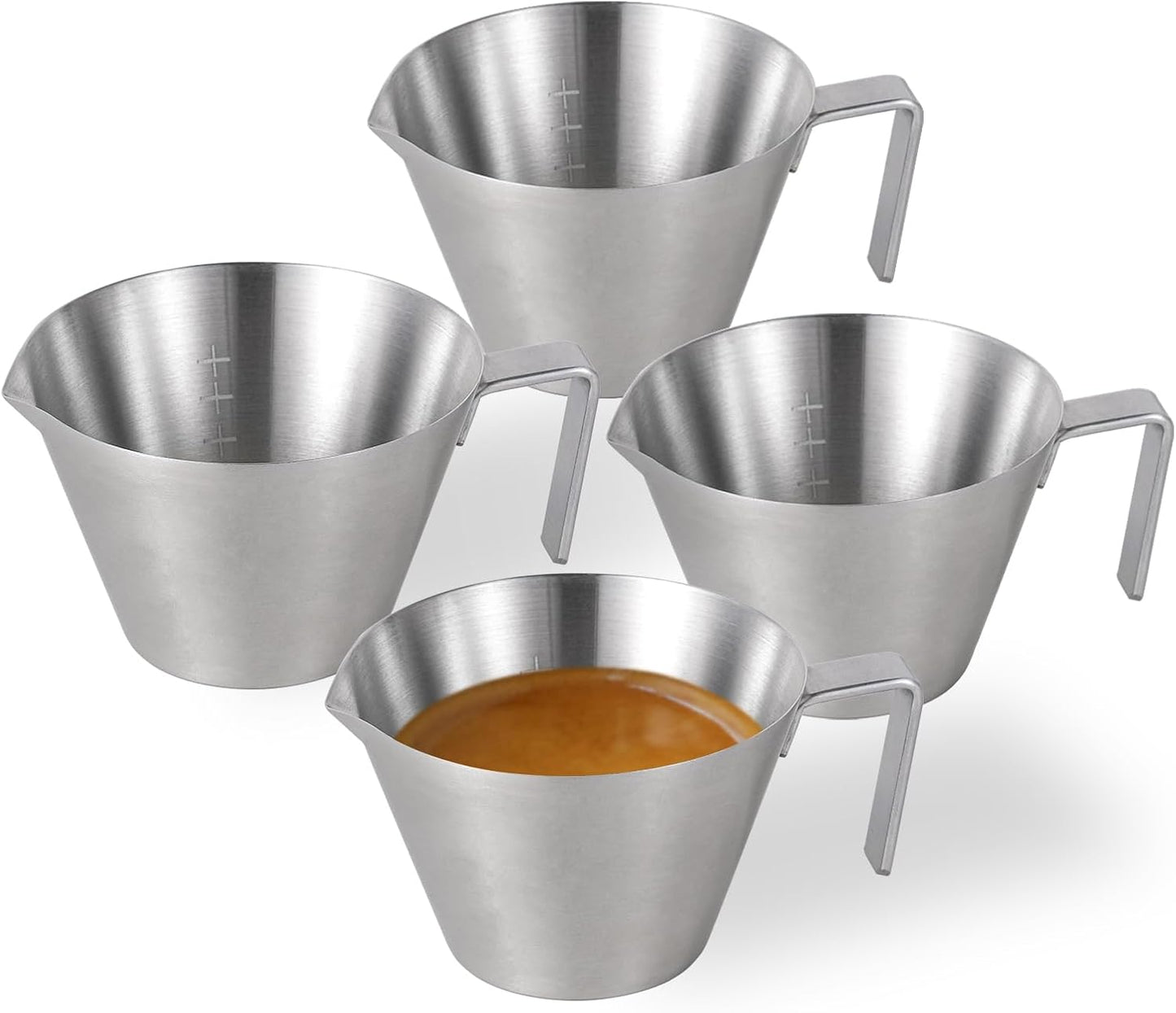 MHW-3BOMBER Espresso Shot Cups with Handle Espresso Measuring Cup Dishwasher Safe 4Pcs Stainless Steel Pouring Cup for Tomato Sauce|Steak Sauce|Dessert|Beverage (Matte Glossy) G7000-OS