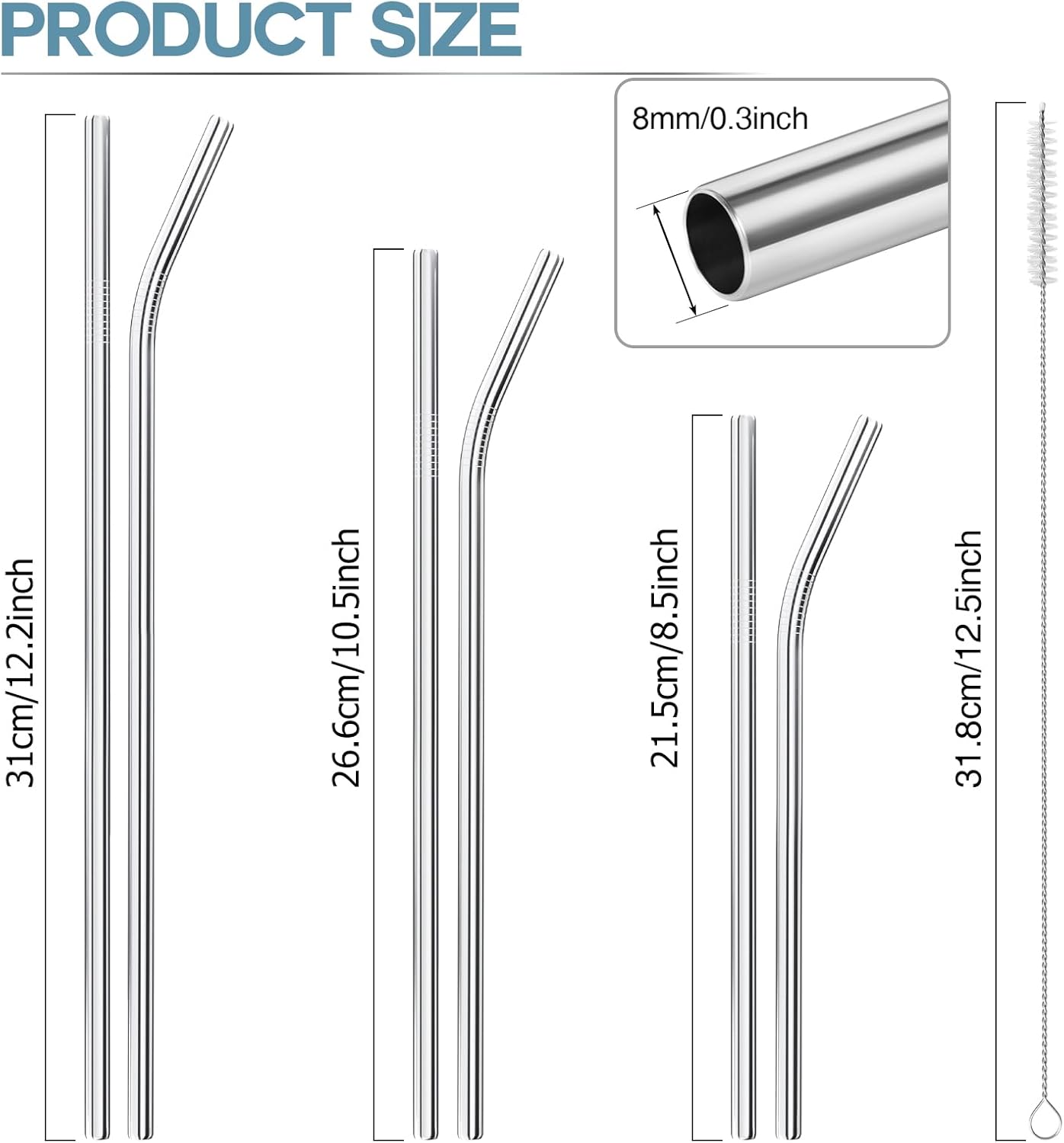 Set of 12 Reusable Stainless Steel Straws,0.31'' wide 3 Size - 12.2''10.5''8.5''Long Reusable Straw Chocolate Milk Straws with 2 Cleaning Brush for 10/20/30/40 oz