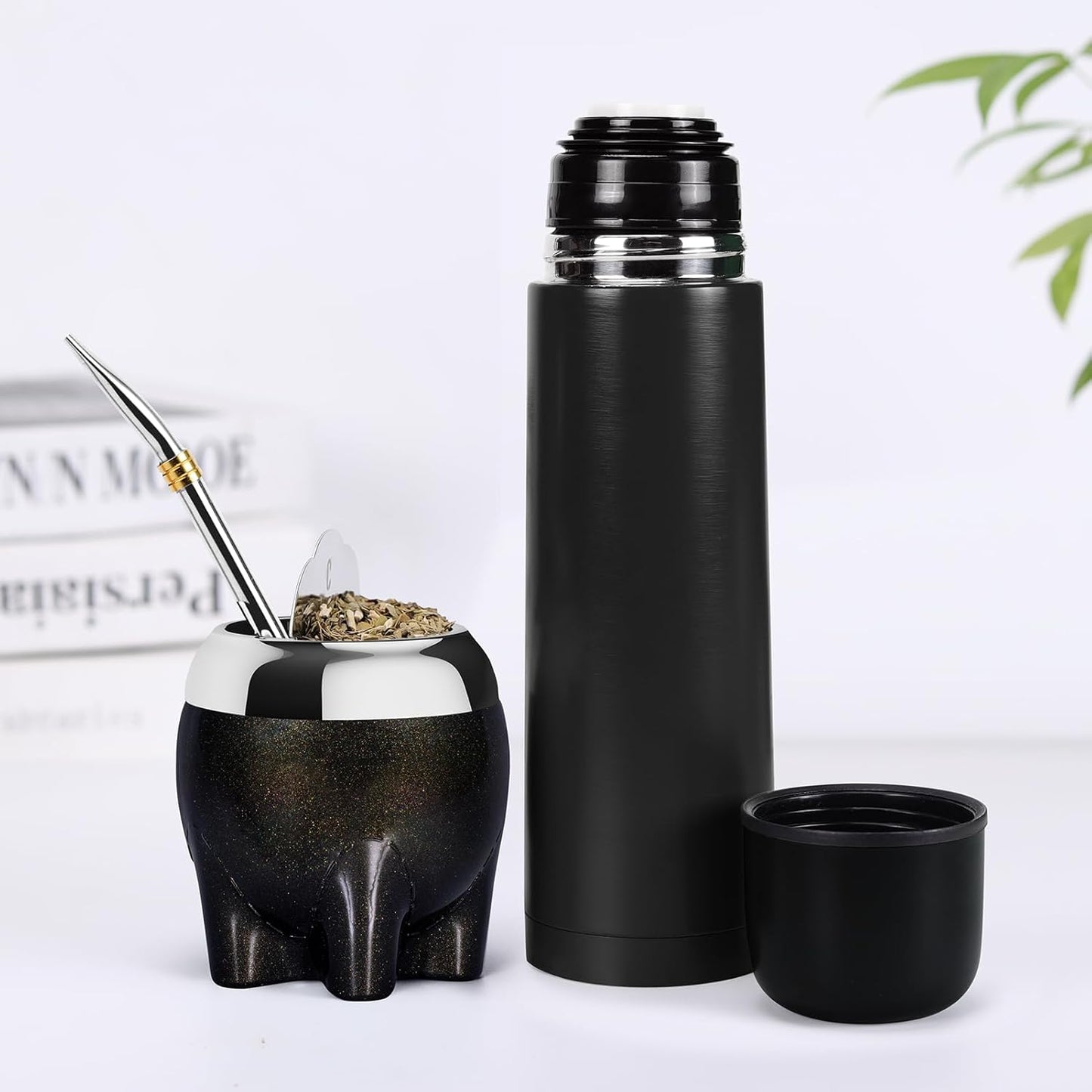 Premium Yerba Mate Cup 5 in 1 Set, Including Stainless Steel Gourd (Glitter Stars, Cute Elephant Style) Bombilla Straw, and Tea Shaper Set, 5.4oz, Gift for Women Drinking Coffee Tea Water