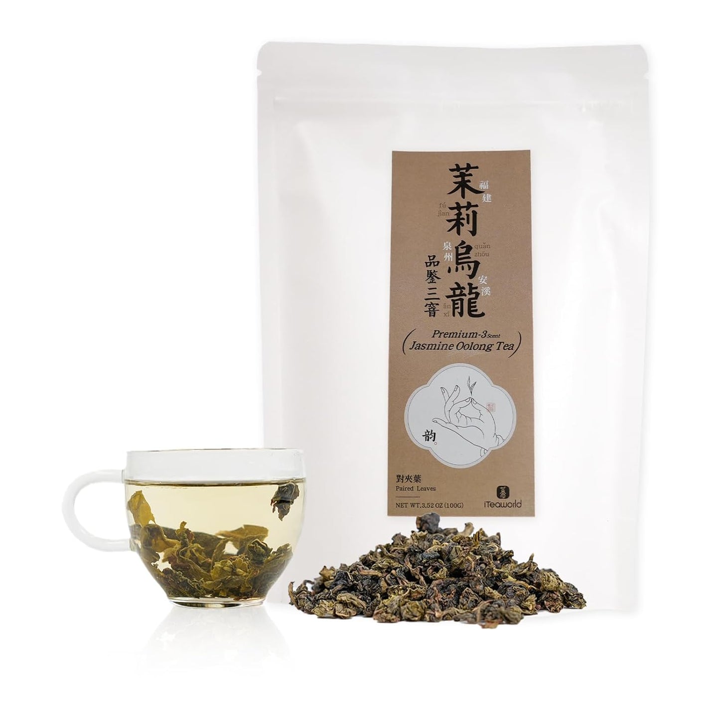 iTeaworld Jasmine Oolong Loose Leaf Tea, Fujian Anxi Tieguanyin Whole Leaf, Natural Jasmine Aroma, No Sugar & Additives, Hot & Cold Brew, Sealed Bag, 3.52oz