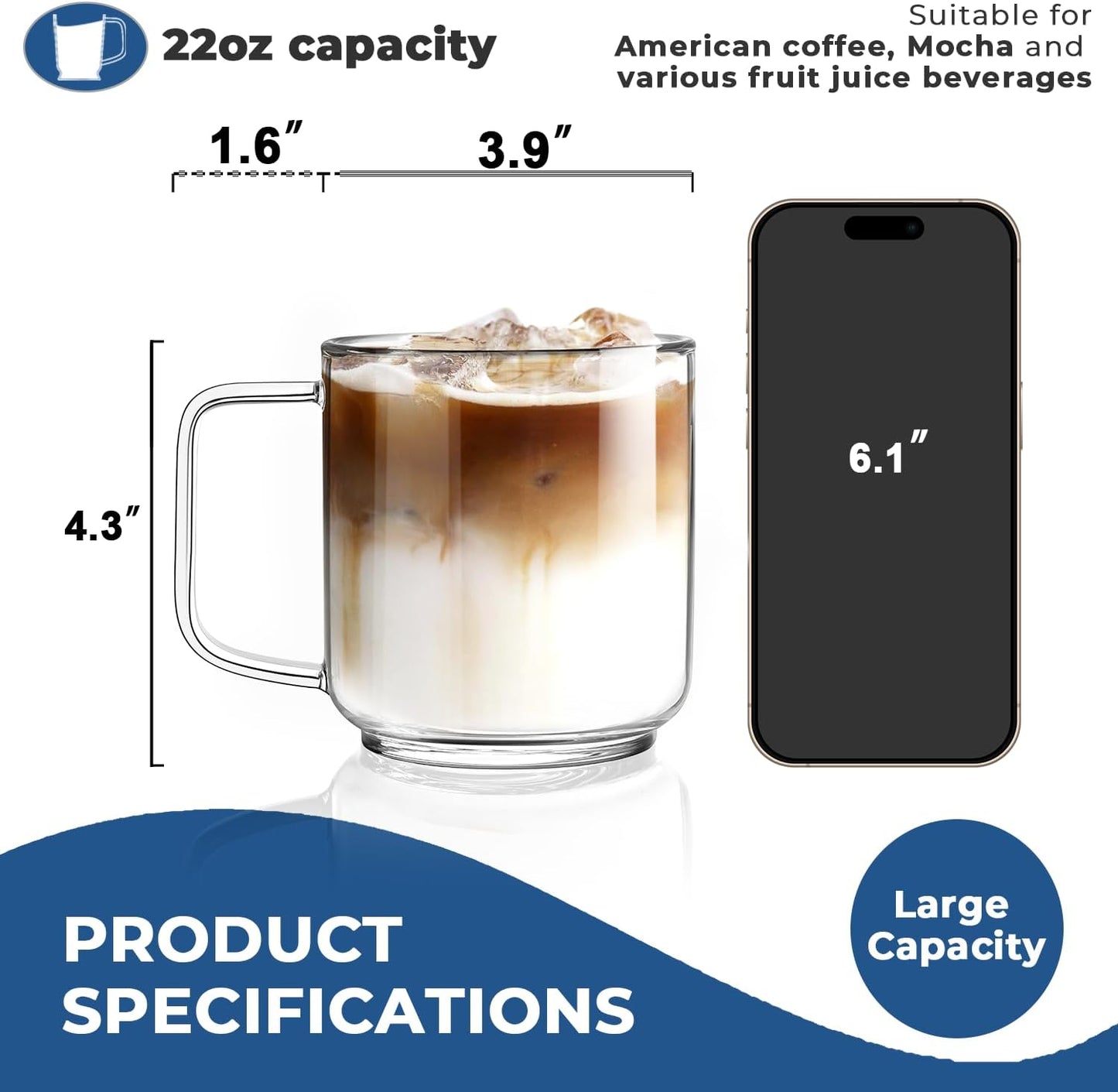 Aquach 22oz Large Clear Glass Coffee Mugs Set of 2 - Serve as General Drinking Glasses for Water, Coffee, Tea, and Juice