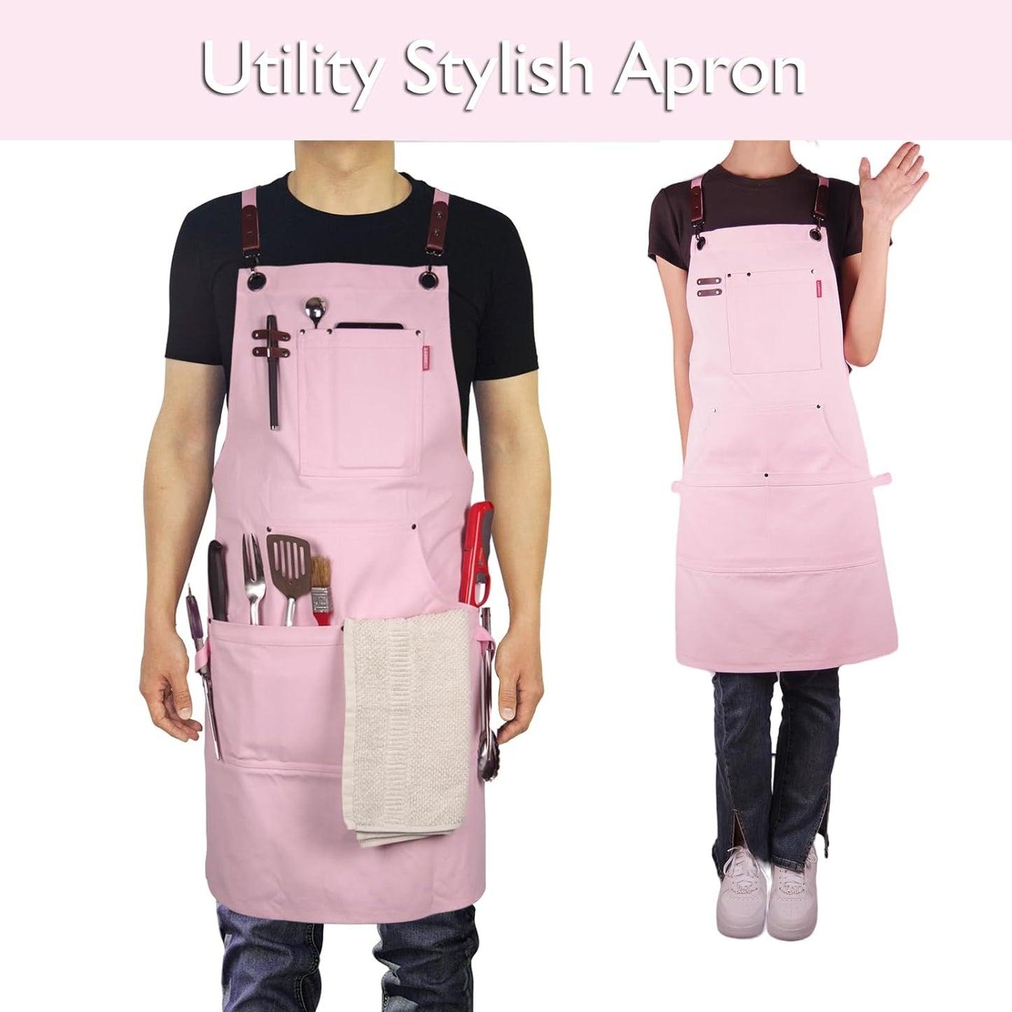 Kitchen Apron, Work Apron, Canvas, Multiple Pockets, Gardening, Painting, BBQ, Artist, Carpenter, Sizes M to XXL, Pink