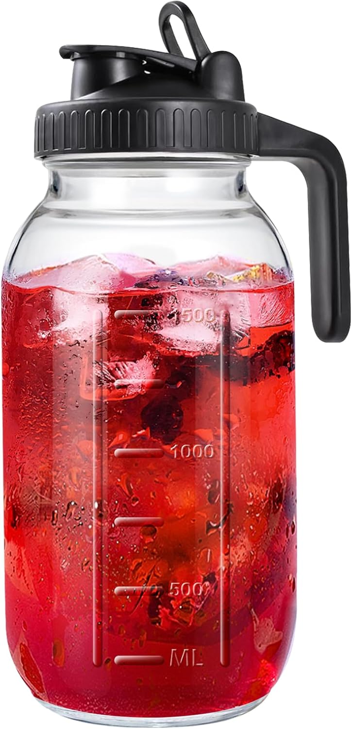 Mason Jar Pitcher, 64 OZ Glass Pitcher with Lid Double Leak-proof with Handle Water Jug Wide Mouth Breast Milk Pitcher Fridge Container for Water, Juice, Iced Coffee, Tea, Juice （Black）