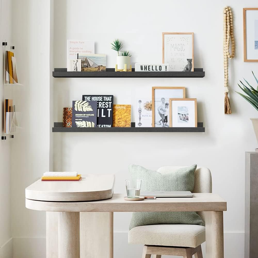 Forbena 36 Inch Photo Picture Ledge Shelf Set of 4, Black Floating Shelves with Lip for Wall, Narrow Long Wood Wall Shelf for Living Room Bedroom Office Classroom Library Books Album Frames Art Decor