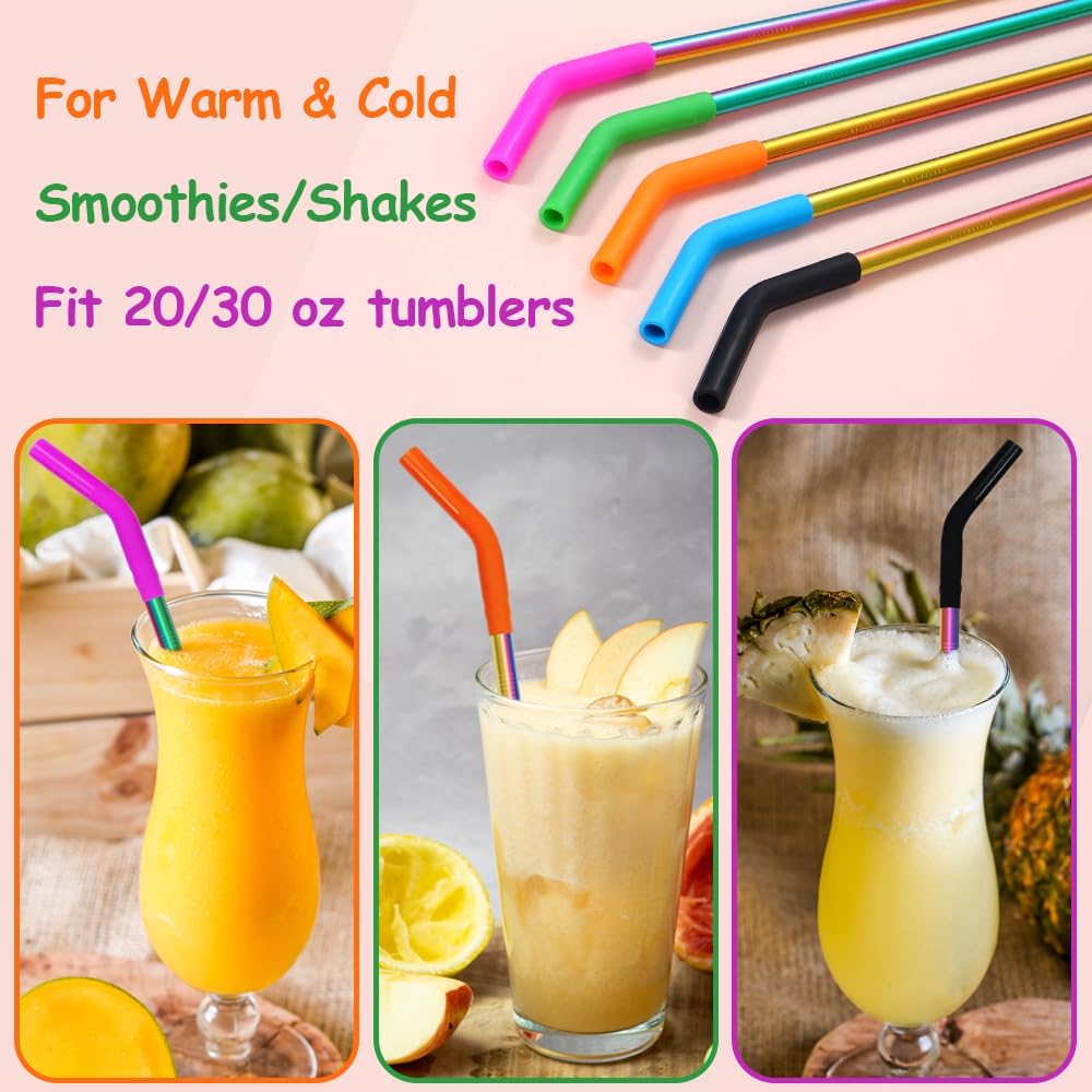 Lazycorner Reusable Stainless Steel Straws Metal Straw with Silicone Tip 5 Pcs 8mm Wide for 20/30/32oz Tumblers Smoothies and Shakes with 2 Cleaning Brushes,1 Portable Bag (Rainbow)