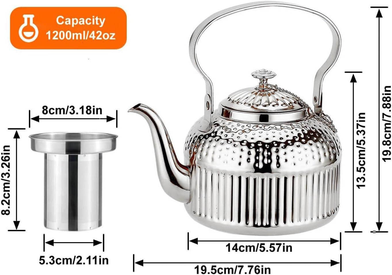 SANQIAHOME Antique 1.2L (40Oz) Stainless Steel Teapot with Infuser Silver