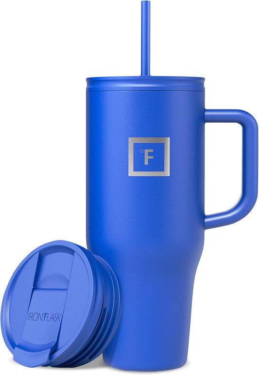 IRON °FLASK Co-Pilot Insulated Mug w/Straw & Flip Cap Lids - Cup Holder Bottle for Hot, Cold Drink - Leak-Proof - Water, Coffee Portable Travel Mug - Cobalt Blue, 32 Oz
