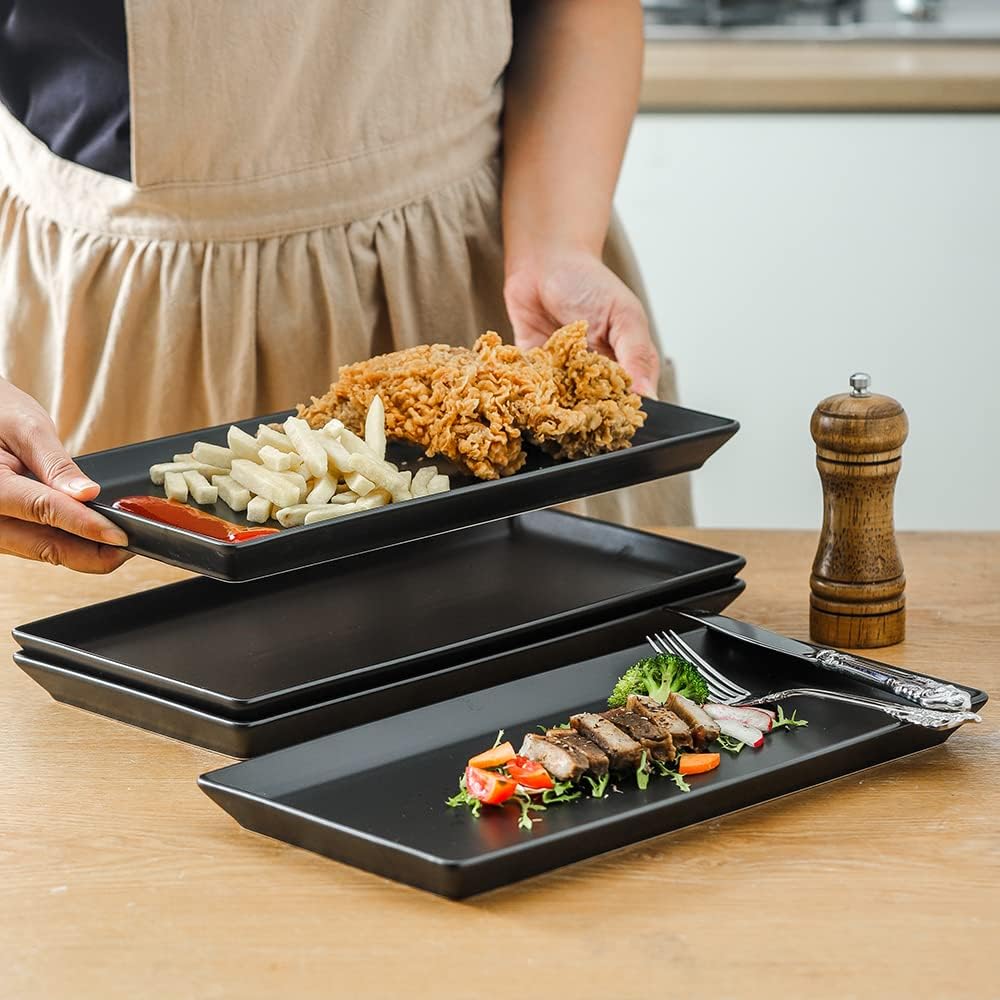 KOOV Ceramic Serving Tray, 14 Inches Large Serving Platter, Rectangular Serving Tray, Porcelain Serving Plates, Ceramic Serving Dishes for Dinner, Party, Sushi, Dessert, Food, Set of 4 (Matte Black)