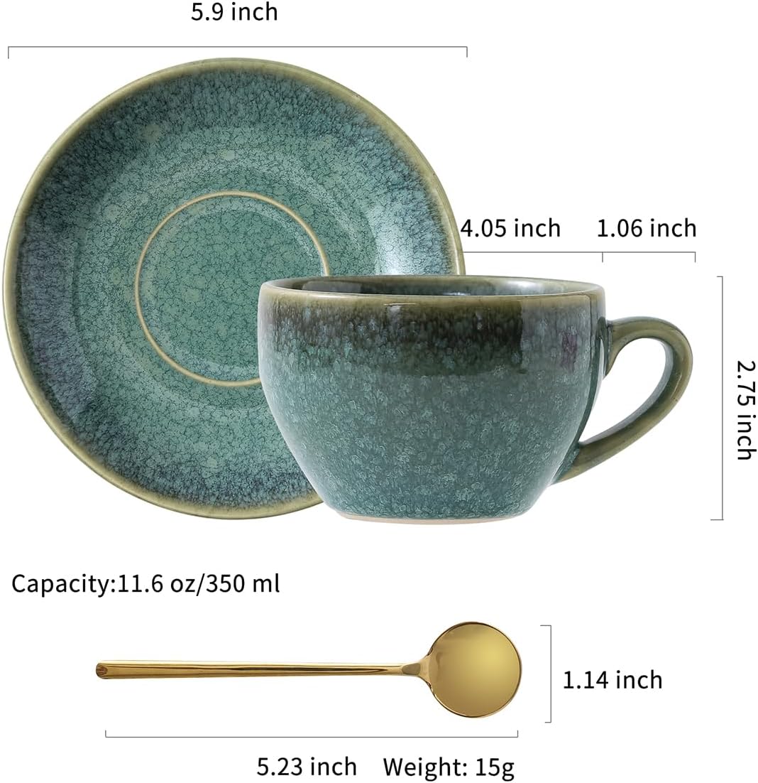 Porcelain Coffee Cup with Saucer Spoon, Vintage Design Ceramic Latte Art Cappuccino Barista Espresso Tea Cup with Saucer (11.6 oz, 350ml, Crystal Green)