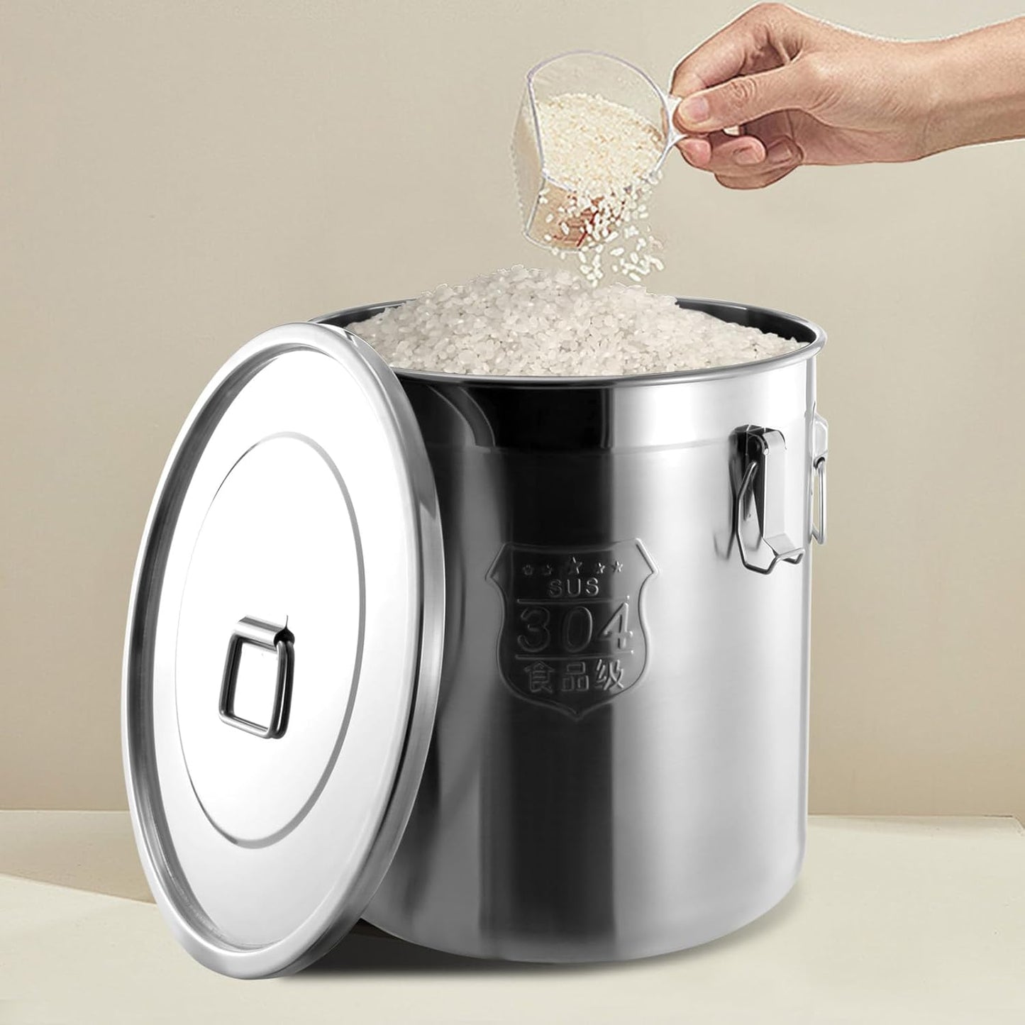 PERFERATE 304 Stainless Steel Airtight Canister 6L/12L Food Storage Bucket with Lids and Sturdy Locking Clamp Metal Cereal Rice Storage Container for Flour, Coffee Bean, Sugar, Cookie (48L)