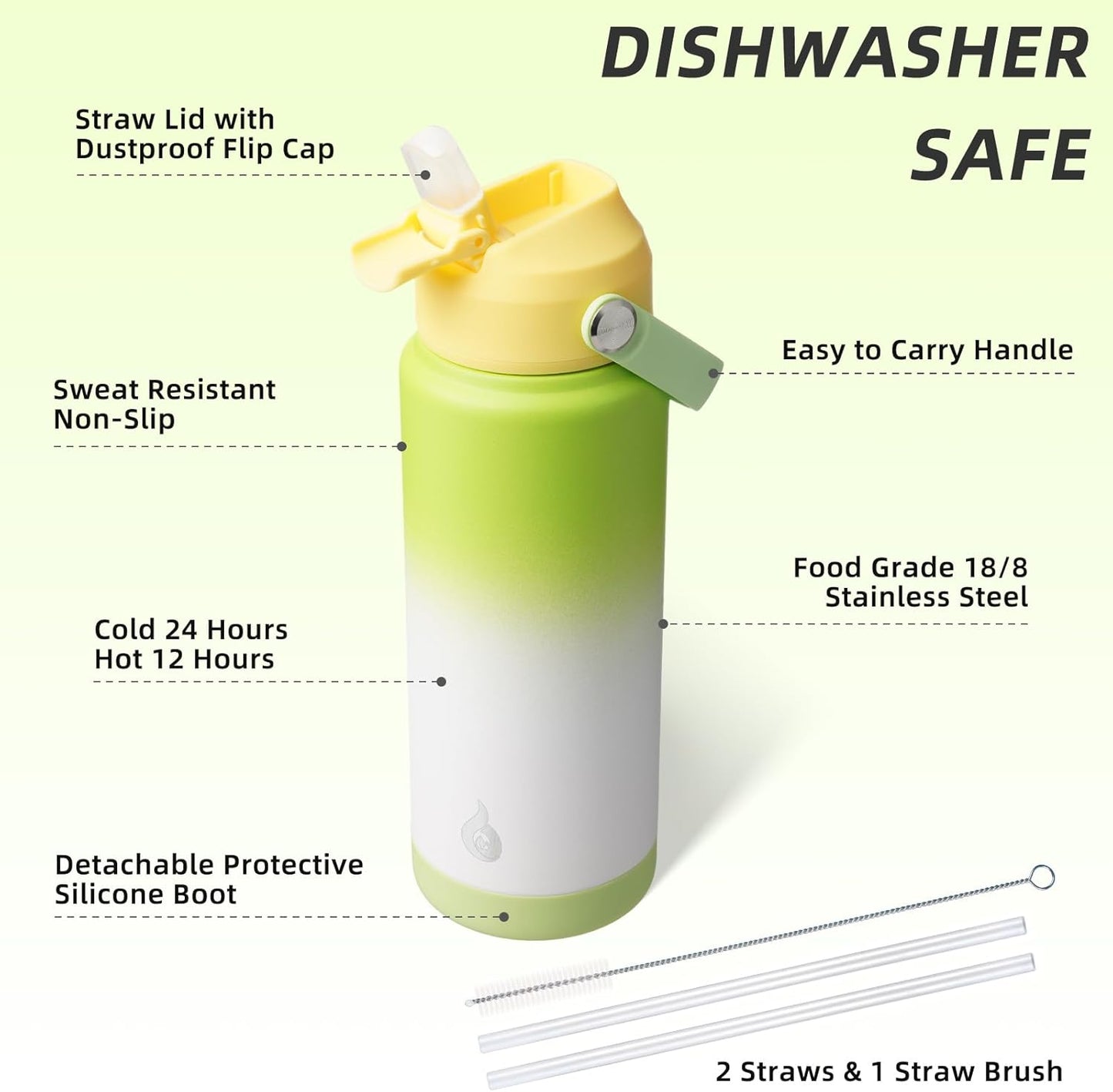 BJPKPK Water Bottle with Straw Lid, 24oz Vacuum Insulated Water Bottles, Metal Stainless Steel Thermos for Sports, Travel, BPA Free Leak Proof Thermos, Cups, Flasks, Tumblers,Green