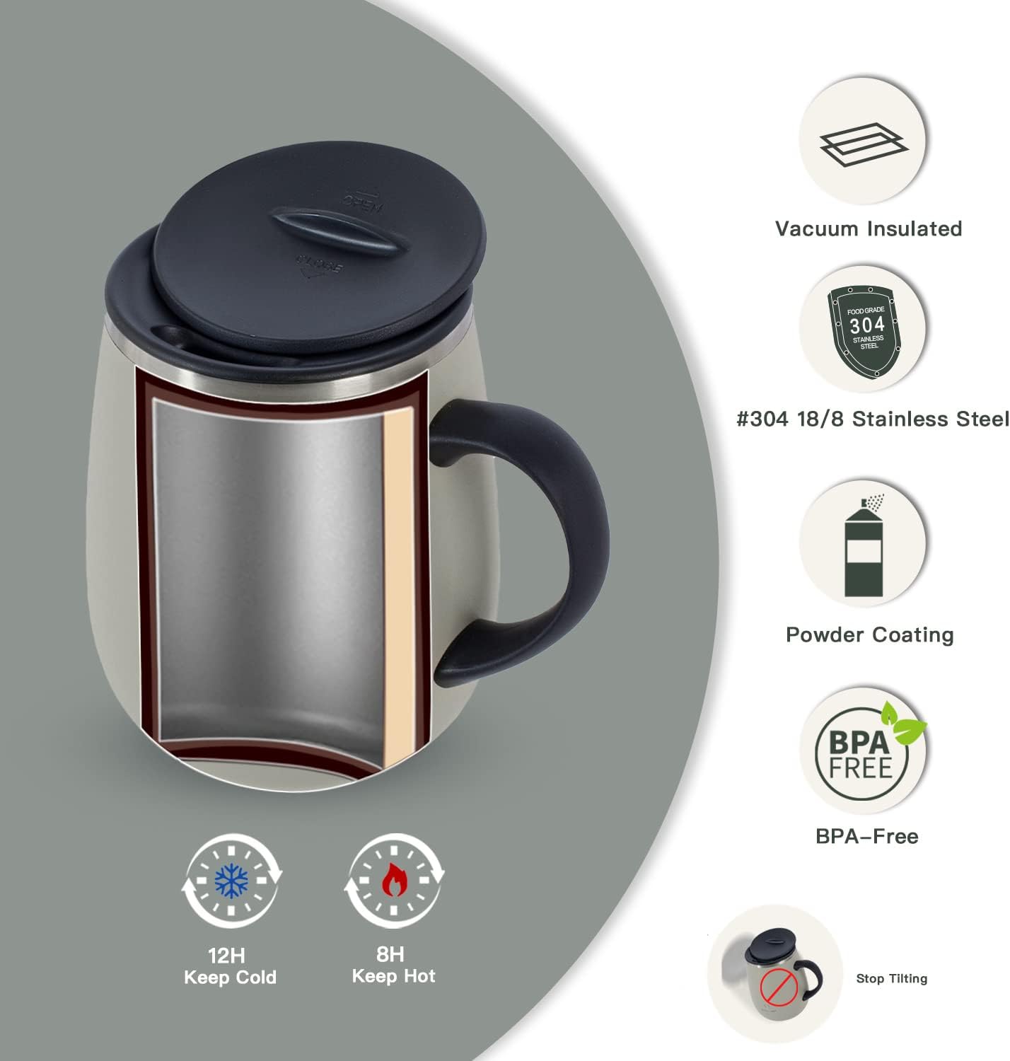 Ideus 16 oz (470 ml) Insulated Coffee Mug with Handle and Lid, Double Wall Stainless Steel Vacuum Thermal Coffee Mug, Travel Coffee Cup Thermal Cup for Home and Office (Mars Celadon)