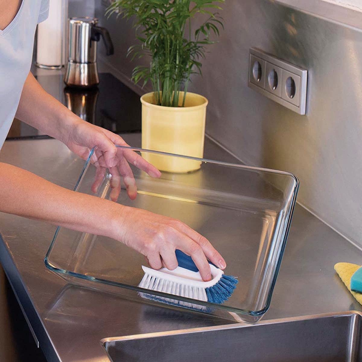 Unger Cookware and Bakeware Dish Scrubbing Brush with Scraper, Kitchen and Dish Washing Scrubber, Non-Slip Cleaning Supplies, Tackle Stuck-On Food in Baking Dishes, Dishwasher Safe