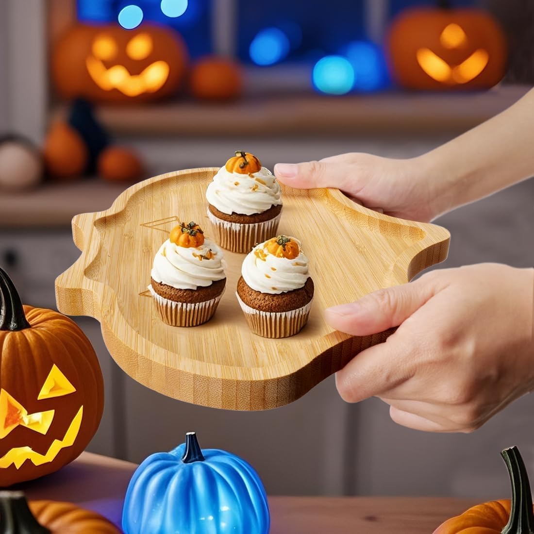TJ POP Halloween Bat-Shaped Bamboo Serving Tray - 10"x9" Spooky Bat Snack Dessert Platter, Eco-Friendly Natural Wooden Charcuterie Board for Candy, Cookies, Appetizers, Party Decor & Festive Feasts