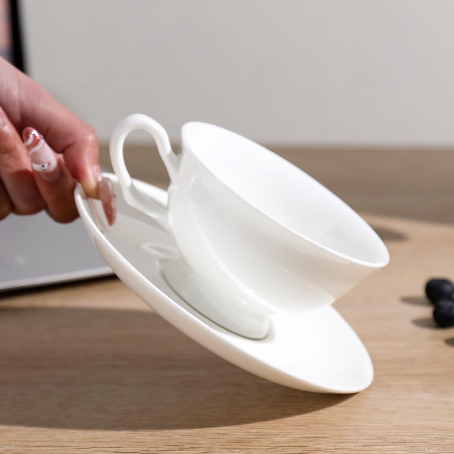 Fine Bone China Espresso Cups and Saucers Set of 4, 5 Oz Classic Plain White Luxury Ceramic Coffee Cups Set, for Wedding, Afternoon Tea, Gift, Work, Festival