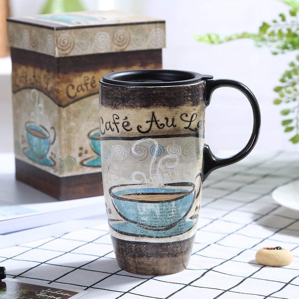 Topadorn Ceramic Travel Mug Latte Mug 17 oz. Coffee Cup with Sealed Lid and Gift Box, Set of 2