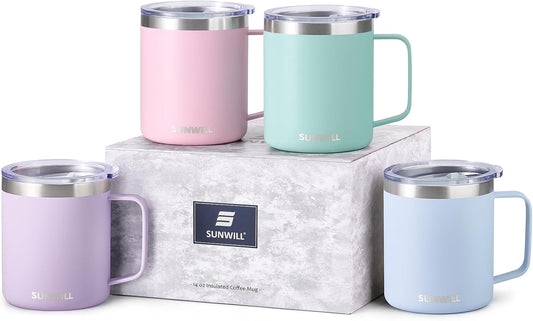 SUNWILL Travel Coffee Mugs Set of 4, Insulated Tumbler with Lid, 14 oz Stainless Steel Cup with Handle Bulk for Gift, Camping, Office, Powder Coated Orchid, Iceberg, Mint, Sakura