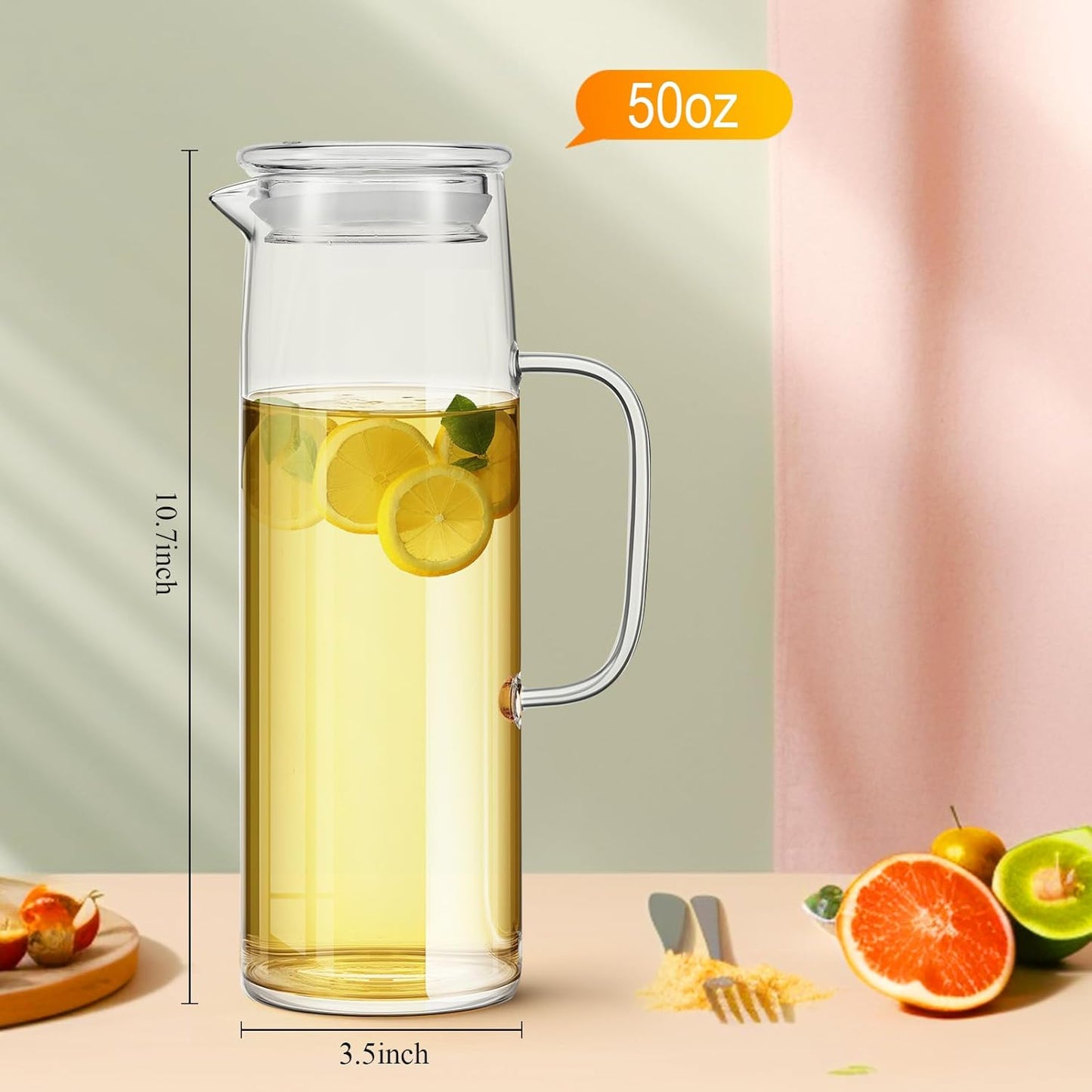 Hsei 2 Sets Glass Pitcher with Lid, 50 oz / 1500 ml Water Carafe with Handles Hot Cold Beverage Water Jar Glass Jug for Tea Juice Milk Coffee Iced Beverage (Glass Lid)