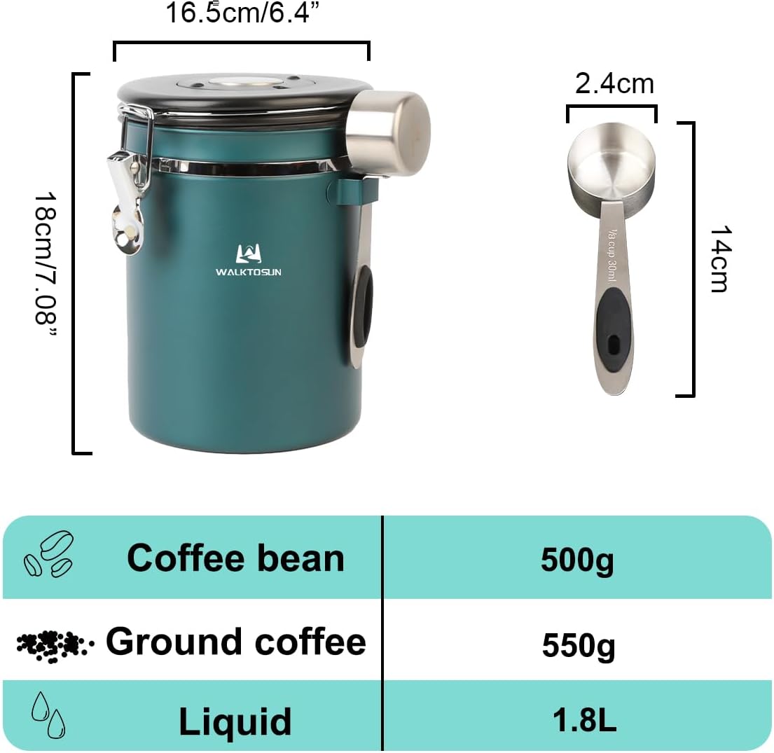 Coffee Canister Airtight Storage Container Stainless Steel Air Tight Coffee Jar with Scoop, Date Tracker CO2 Release Valve for Dry Food, Beans, Ground, Tea, Flour, Cereal and Sugar (Green)
