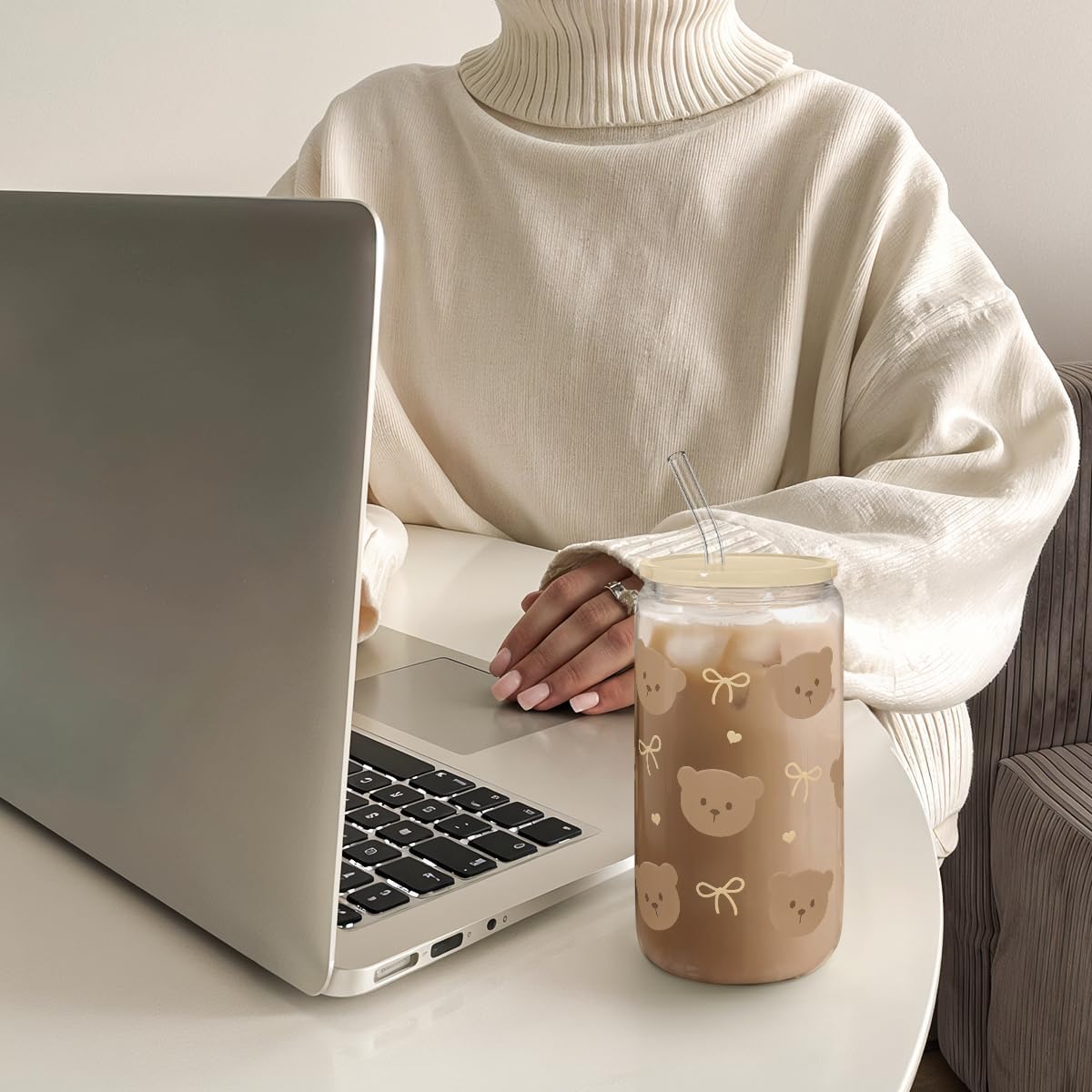 SANDJEST Bear Glass Can, Iced Coffee Aesthetic Cup, Gift for Christmas Birthday, Gifts for Women Girls, 16oz