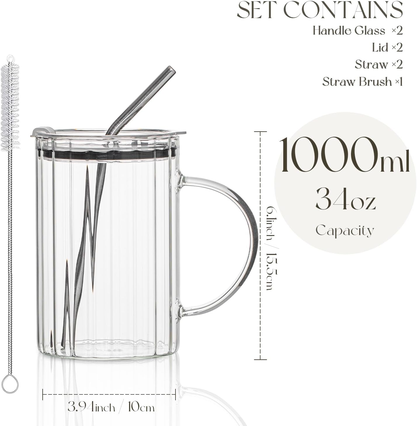 KEMORELA Large Ribbed Glass Tumbler with Handle & Lid, 2‑Pack 1000 ml / 34 oz Glass Cups with Reusable Straw – Thickened Ribbed Glass Mug for Iced Coffee, Juice, Smoothie & Cold Drinks