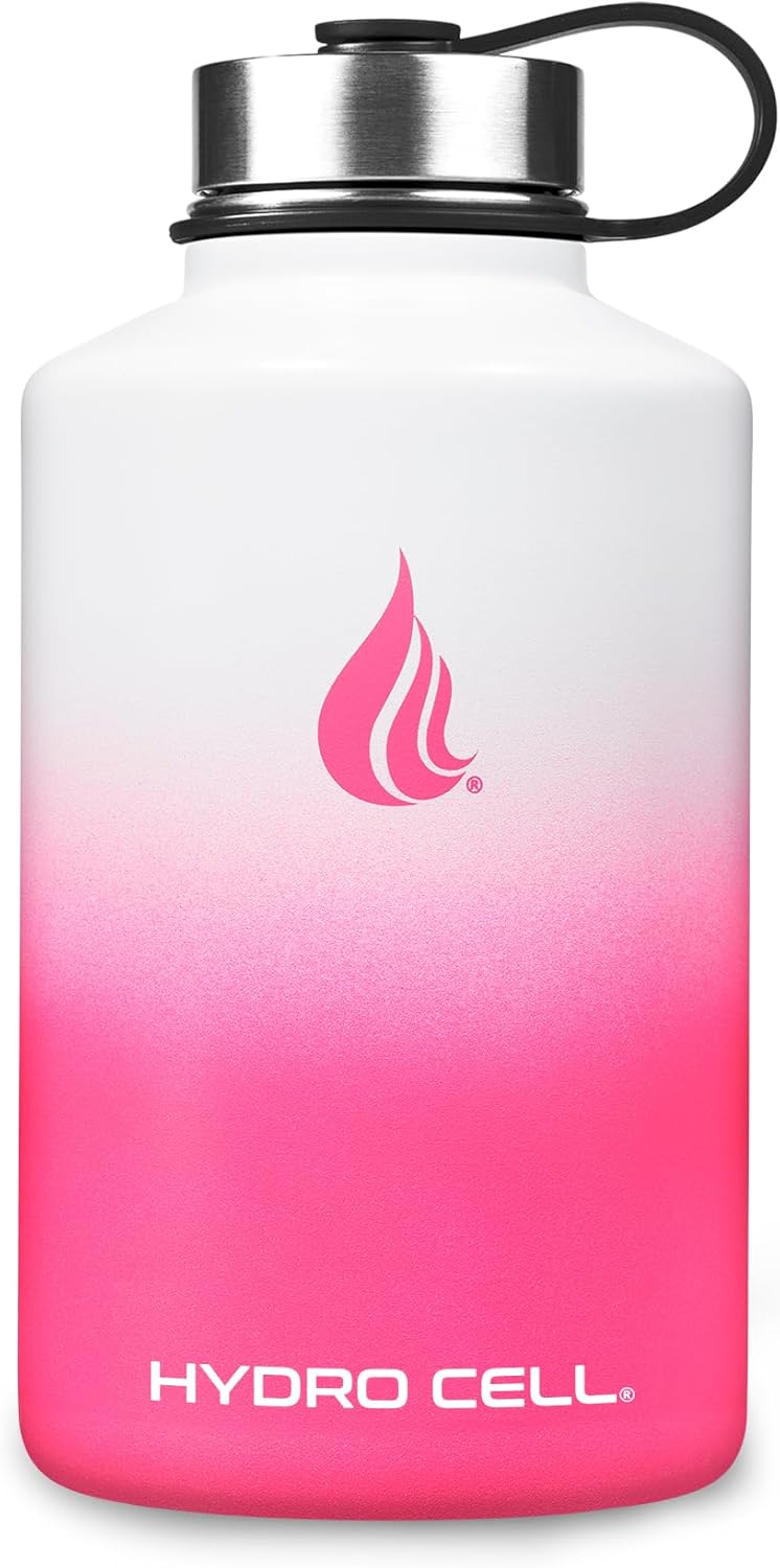 HYDRO CELL Stainless Steel Insulated Water Bottle with Straw - For Cold & Hot Drinks - Metal Vacuum Flask with Screw Cap and Modern Leakproof Sport Thermos for Adults (White/Pink 64oz)