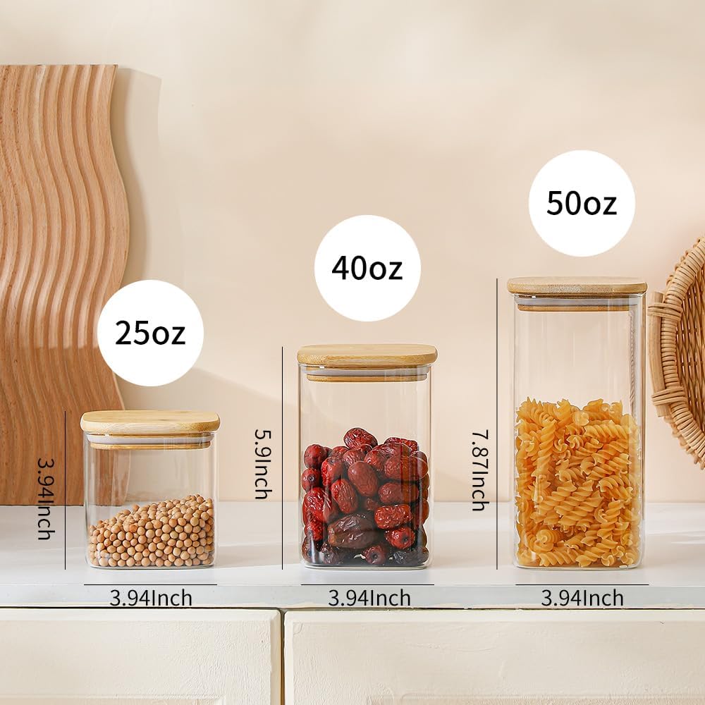 Glass Food Storage Containers with Lids 6 Pack(25oz/37oz/50oz), High Borosilicate Glass Jars for Coffee Bean, Candy, Cookie, Flour, Square