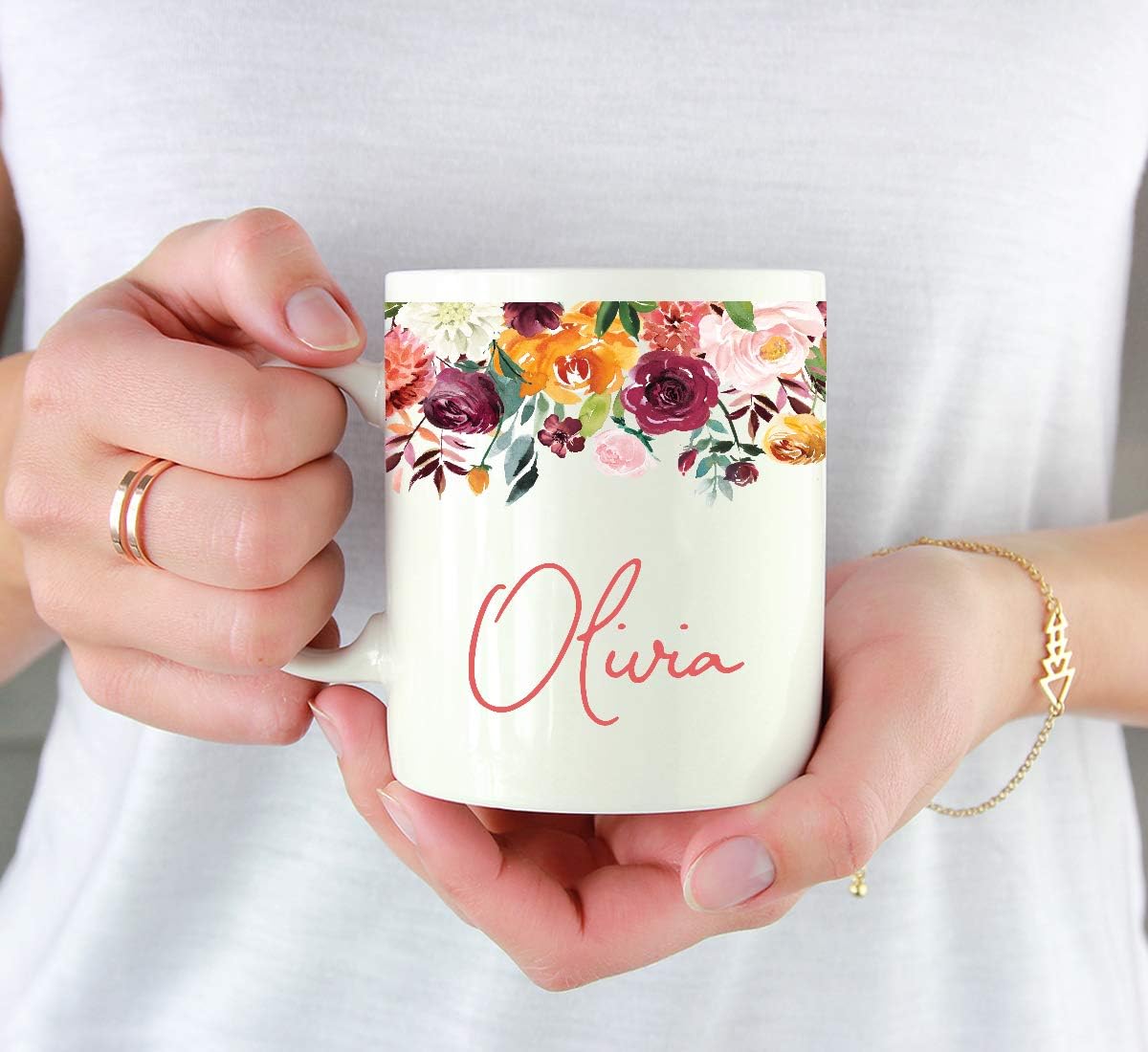 Andaz Press Personalized 11oz. Wedding Ceramic Coffee Tea Mug Bridesmaid Gift, Fall Autumn Burgundy Orange Peach Flowers Roses Florals, Olivia, 1-Pack, Includes Gift Box, Custom Name