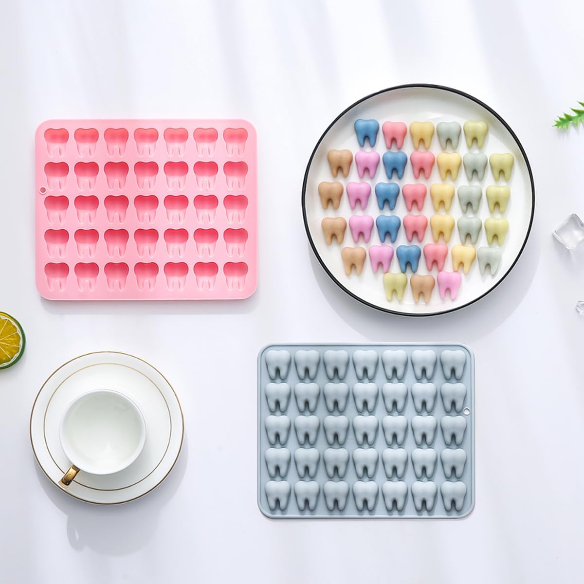 Unique Tooth Shape Candy, Chocolate Silicone Molds Set, 70 Cavity, Non Stick Mold for Gummy, Cupcake Topper, Snack, Biscuit, Handmade Diy, 2 Count, Blue