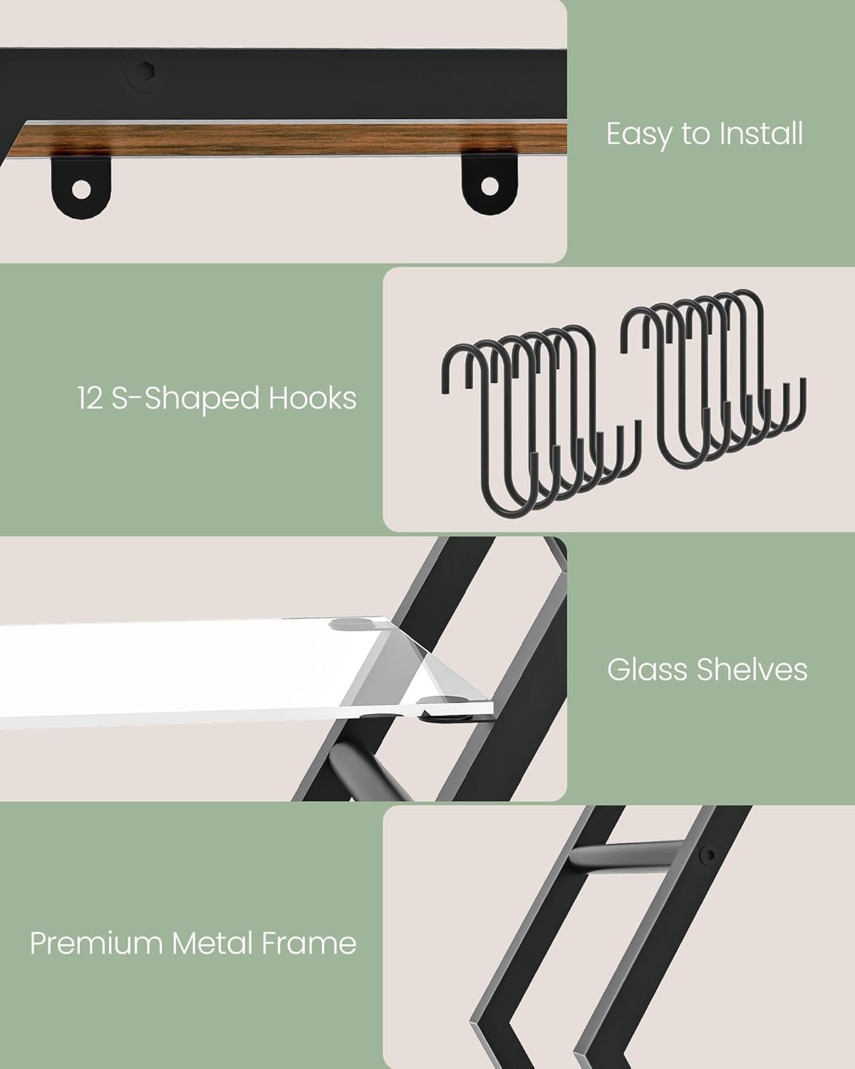 Hexagon Floating Shelves Set of 2, Glass Hanging Shelves for Wall Decor, Industrial Style Wall Storage Rack and 12 S-Hooks, for Living Room, Bedroom, Office, Game Center, Rustic Brown TBJ08BF