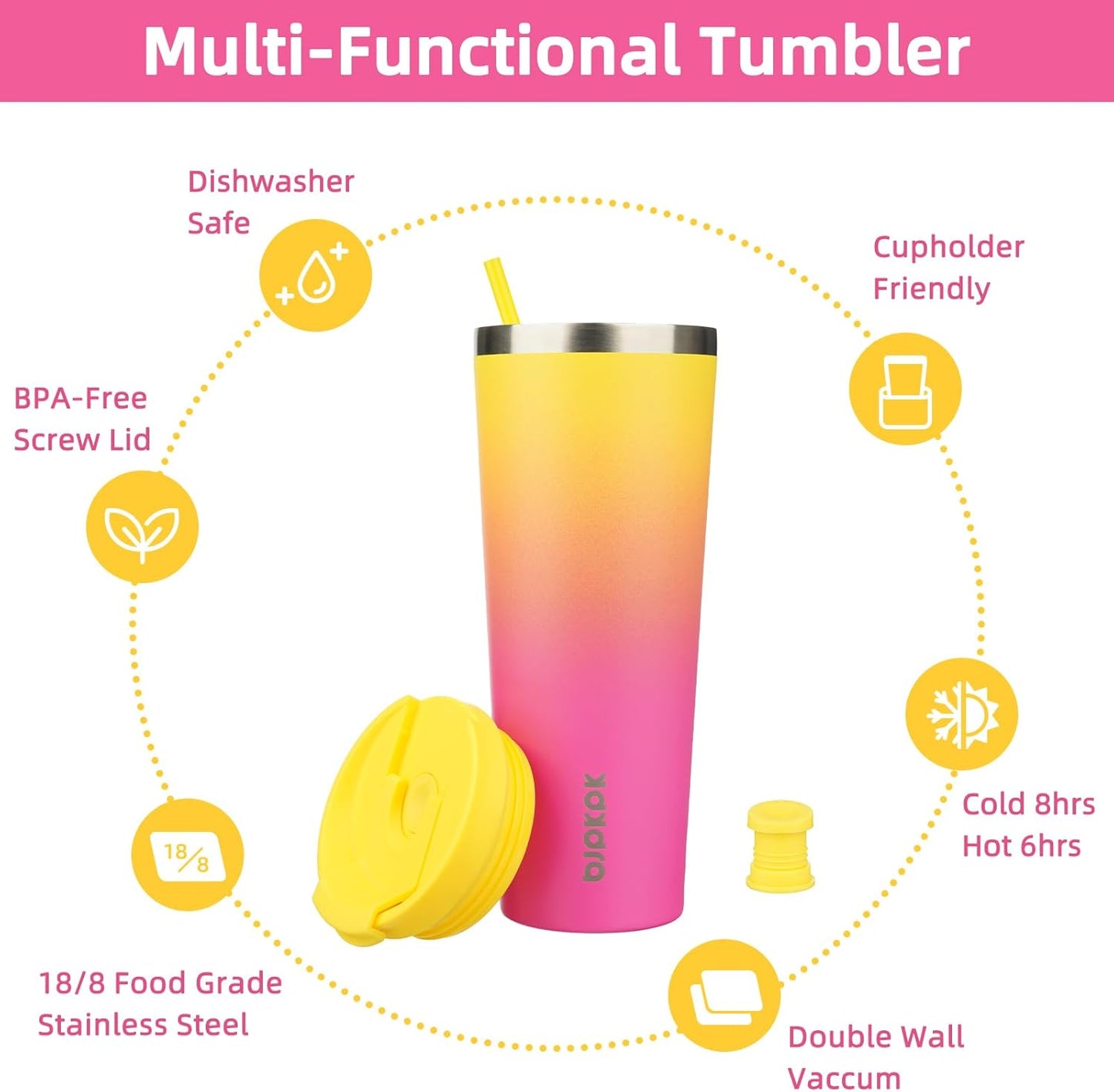 BJPKPK 26oz Stainless Steel Insulated Tumbler With lid And Straw Travel Coffee Thermal Tumblers Cup For Women And Men,Pink Yellow Rose