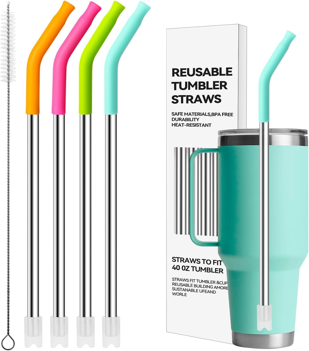Metal Straws with Silicone Tip for 42 oz YETI Tumbler, 4 Pcs Reusable Stainless Steel Straws for 42 oz YETI, 30oz Stanley Cup(Color 4)
